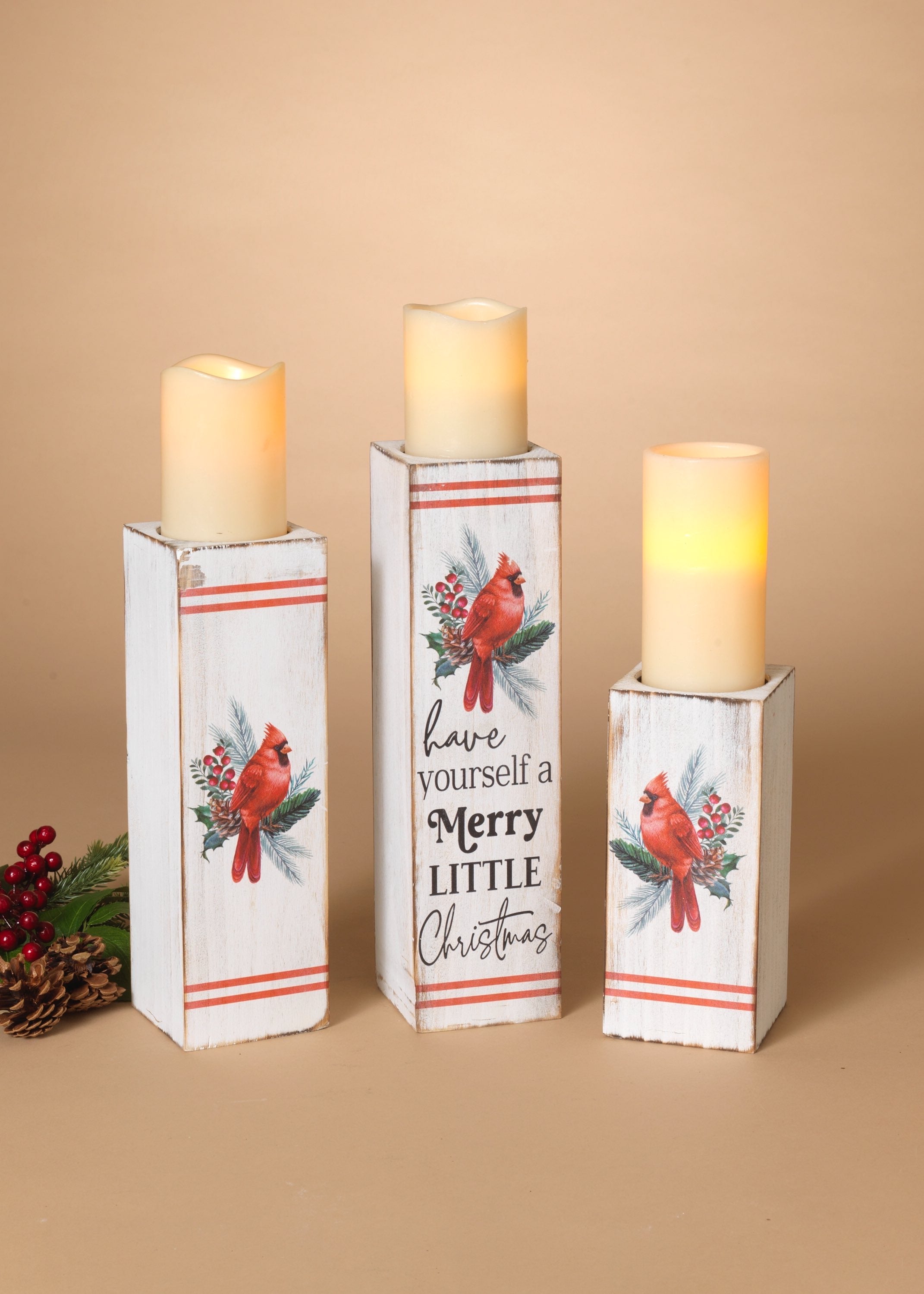 ITEM G2690300 - WOOD HOLIDAY CARDINAL DESIGN CANDLE HOLDER SET OF 3
