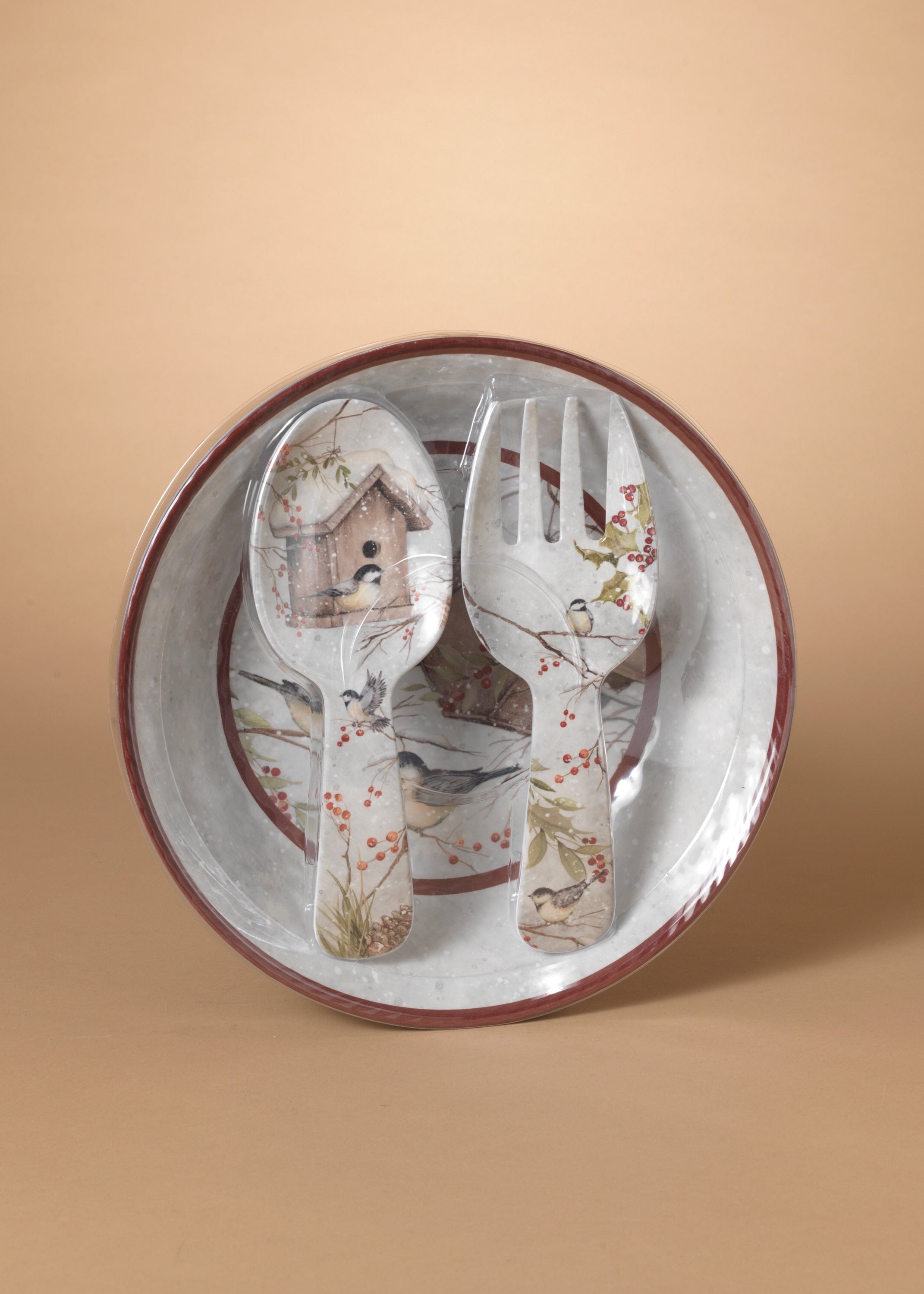 ITEM G2696370 - 12.9"D MELAMINE HOLIDAY CHICKADEE DESIGN SALAD BOWL, FORK & SPOON