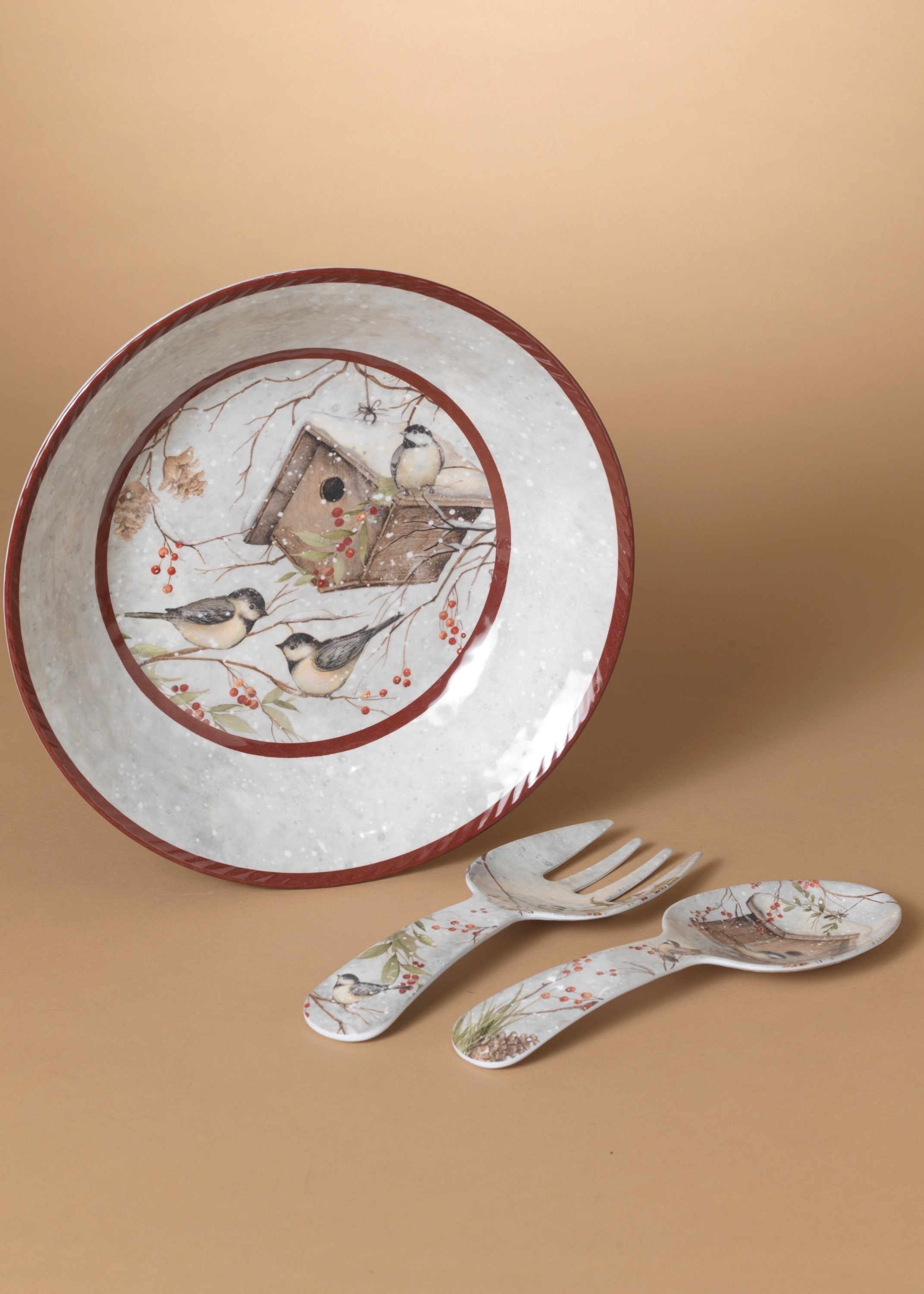 ITEM G2696370 - 12.9"D MELAMINE HOLIDAY CHICKADEE DESIGN SALAD BOWL, FORK & SPOON