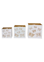 ITEM KE253731 - 4.25"-6.25" METAL WHITE GOLD SQUARE BUTTERFLY CUT OUT CANDLE HOLDERS - SET OF 3