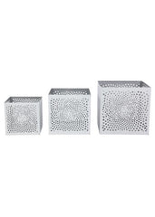 ITEM KE254132 - 4.25"-6.25" METAL WHITE SILVER SQUARE ABSTRACT FLOWER CUT OUT CANDLE HOLDERS - SET OF 3