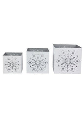 ITEM KE254432 - 4.25"-6.25" METAL WHITE SILVER SQUARE LARGE SNOWFLAKE CUT OUT CANDLE HOLDERS - SET OF 3
