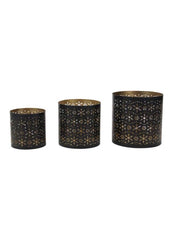 ITEM KE255430 - 4.25"-6.25" METAL BLACK GOLD ROUND SMALL SNOWFLAKE CUT OUT CANDLE HOLDERS - SET OF 3