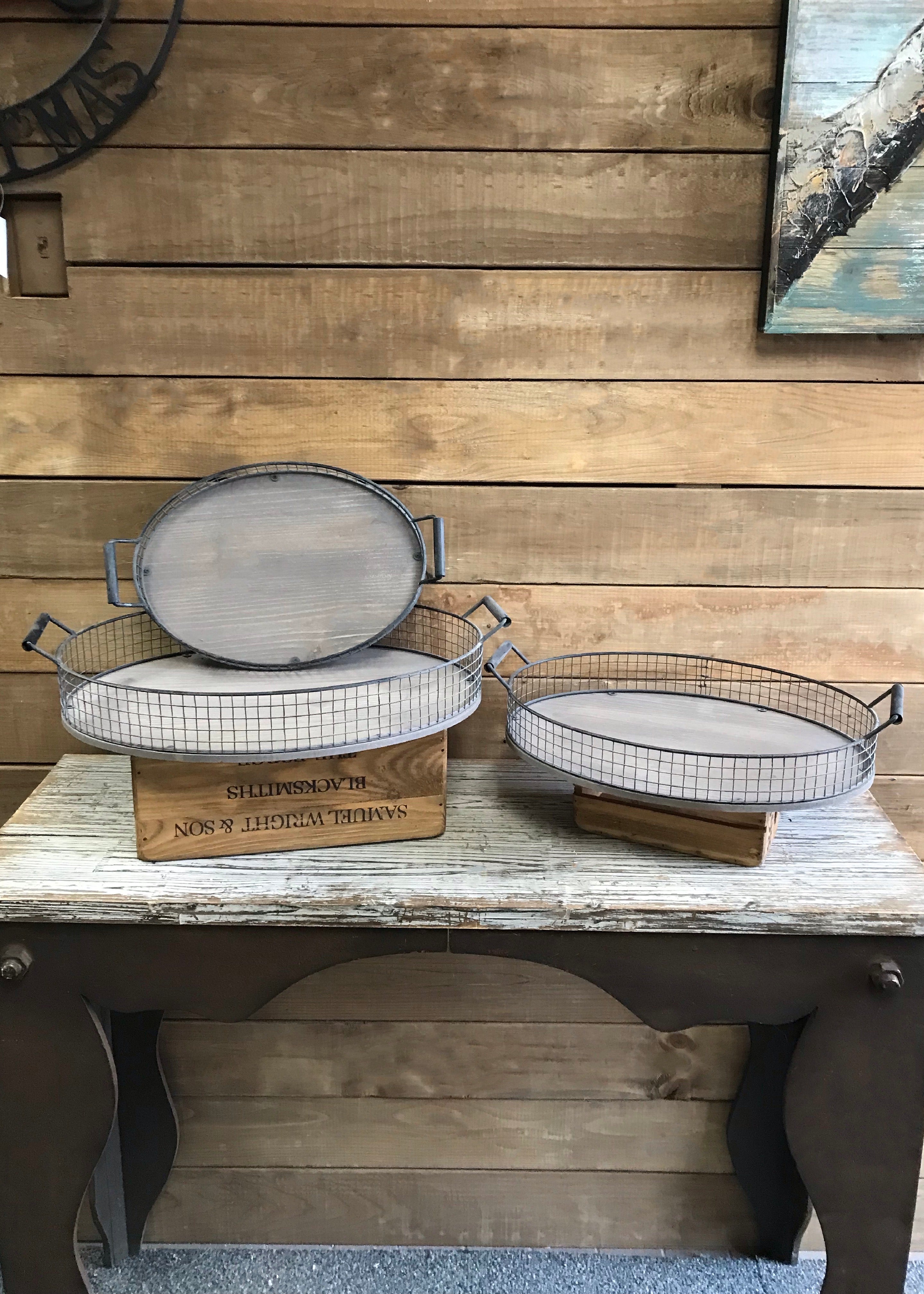 ITEM KOP 23226 - NATURAL WOOD OVAL METAL TRAYS - SET OF 3