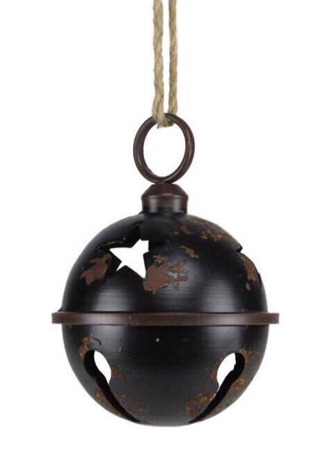 ITEM XC422249 - 9"DIA TIN ANTIQUE BLACK JINGLE BELL W/JUTE ROPE