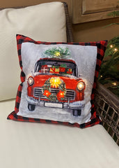 ITEM XMSH1007 BT - 18"X18" LED VELVET CUSHION WITH BUFFALO PLAID AND TRUCK