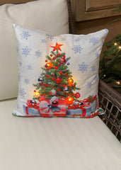 ITEM XMSH1007 PU - 18"X18" LED VELVET CUSHION WITH PRESENTS UNDER THE TREE