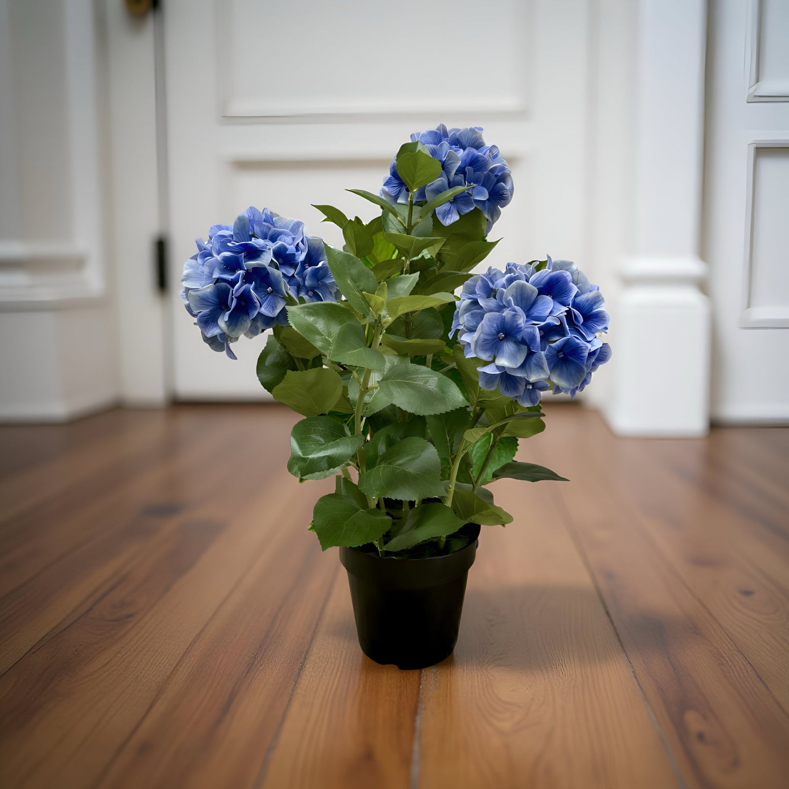 ITEM 01028 BL -  25.5" FRESH TOUCH BLUE HYDRANGEA X 3 IN A PLASTIC BLACK POT