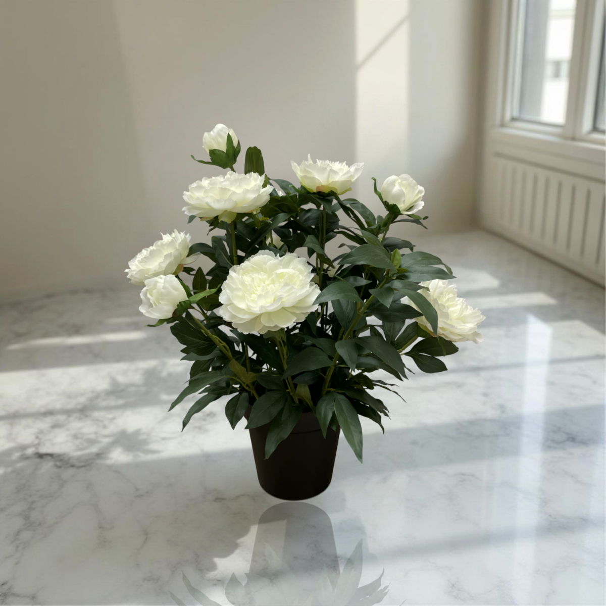 ITEM 01029 W -  26" WHITE PEONY BUSH IN PLASTIC BLACK POT