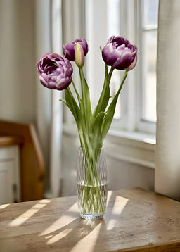 ITEM 10183 LVW - 18" FRESH TOUCH LAVENDER WHITE DOUBLE PEONY TULIP BUNDLE (3 FLOWERS AND 2 BUDS TO A BUNDLE)