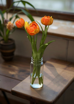 ITEM 10183 O - 18" FRESH TOUCH ORANGE DOUBLE PEONY TULIP BUNDLE (3 FLOWERS AND 2 BUDS TO A BUNDLE)