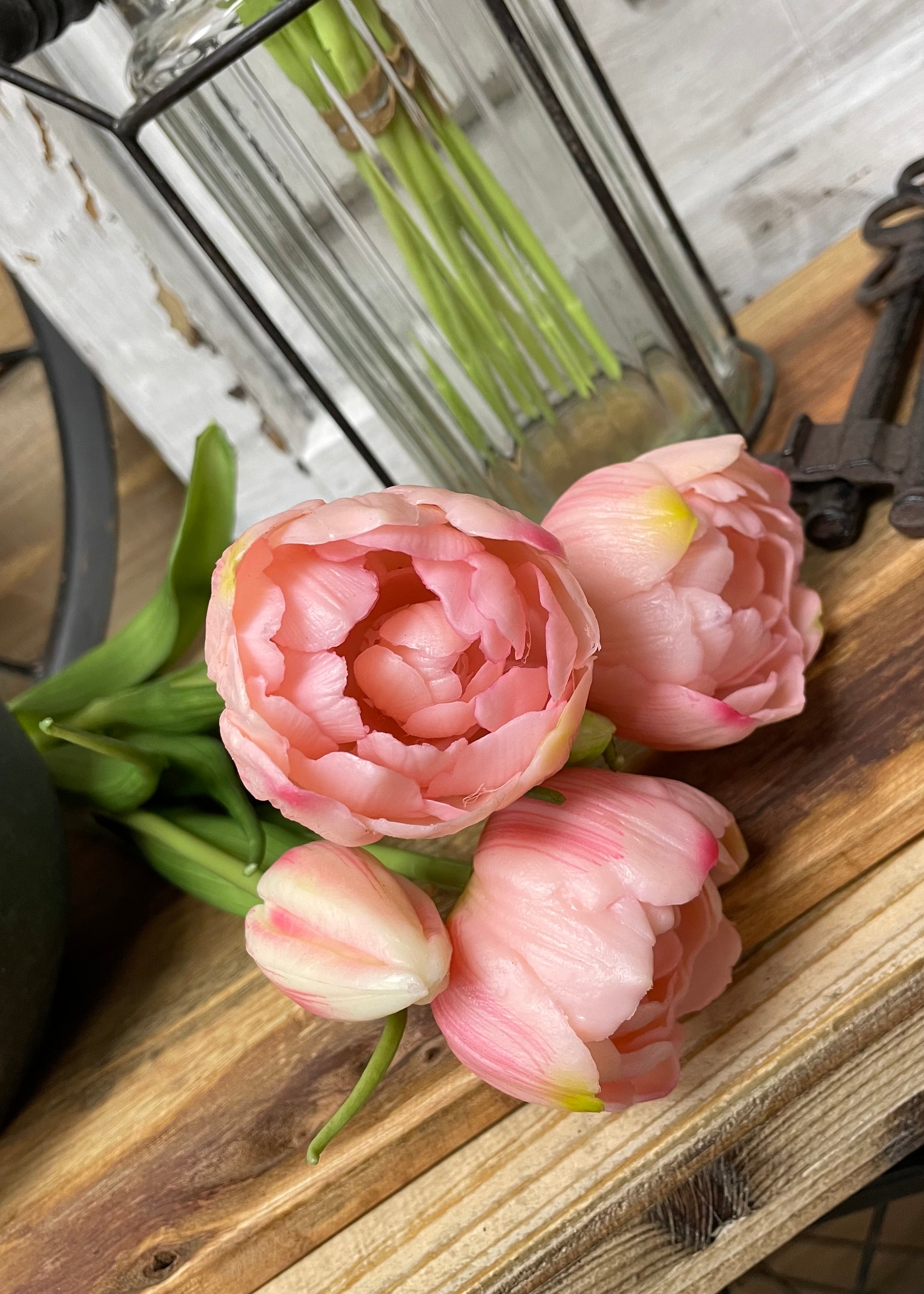 ITEM 10183 PK - 18" FRESH TOUCH PINK DOUBLE PEONY TULIP BUNDLE (3 FLOWERS AND 2 BUDS TO A BUNDLE)