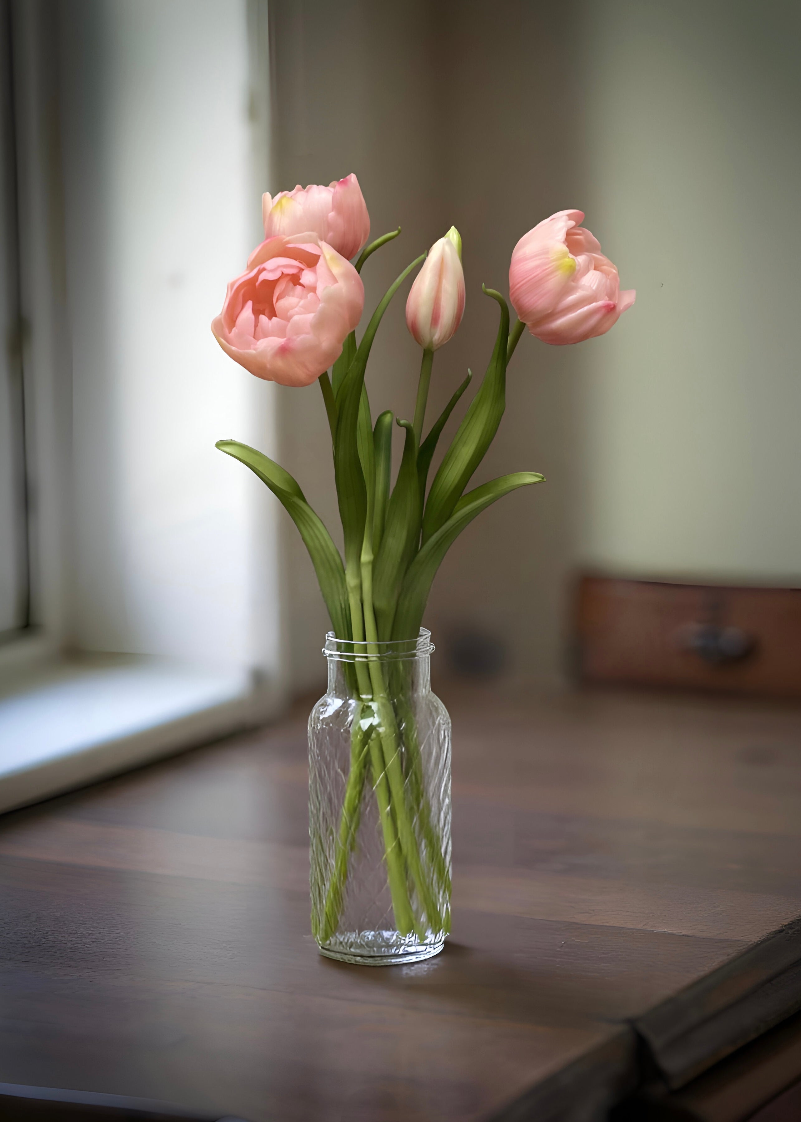 ITEM 10183 PK - 18" FRESH TOUCH PINK DOUBLE PEONY TULIP BUNDLE (3 FLOWERS AND 2 BUDS TO A BUNDLE)
