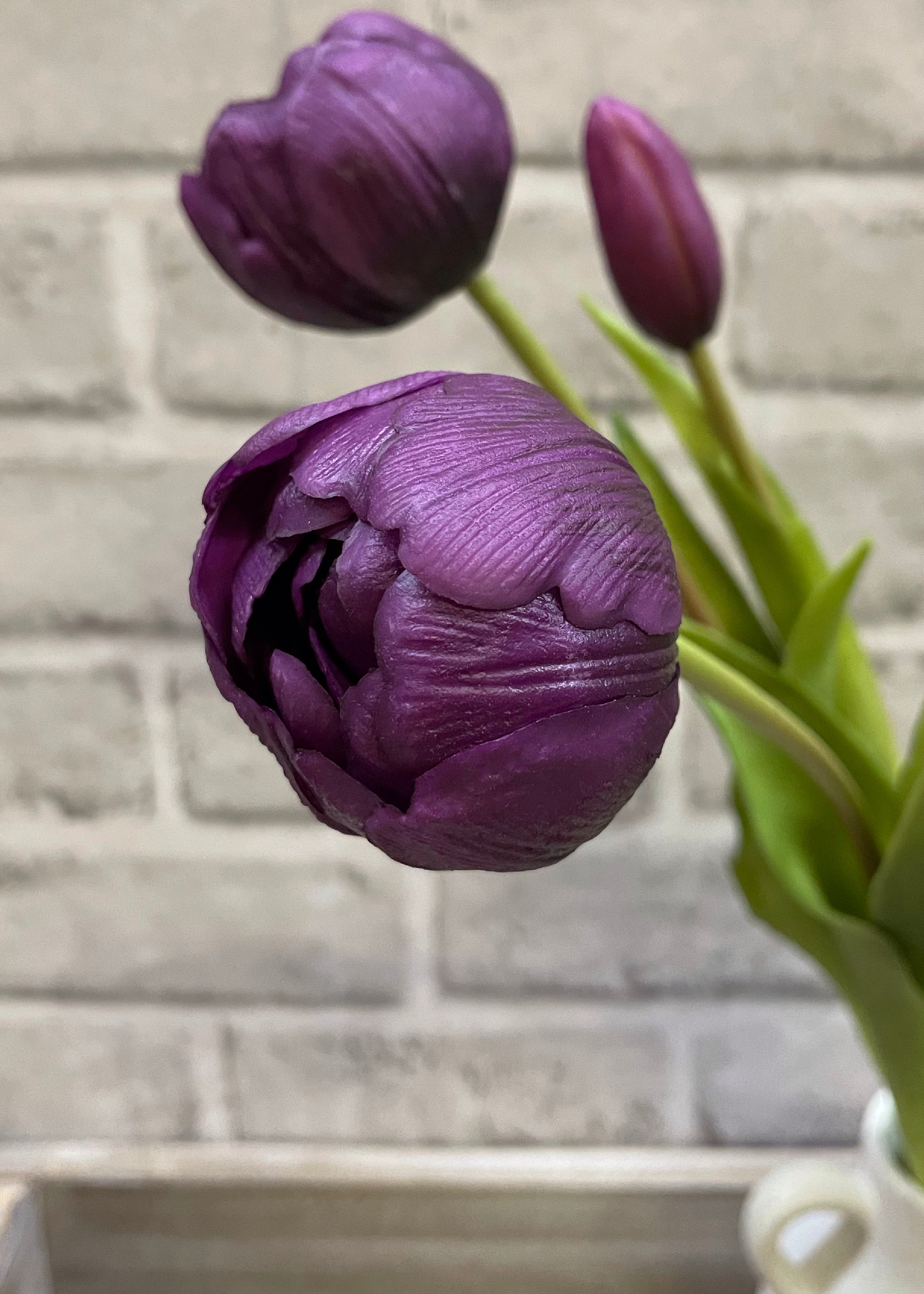 ITEM 10183 PUR(AUGUST) - 18" FRESH TOUCH PURPLE DOUBLE PEONY TULIP BUNDLE (3 FLOWERS AND 2 BUDS TO A BUNDLE)