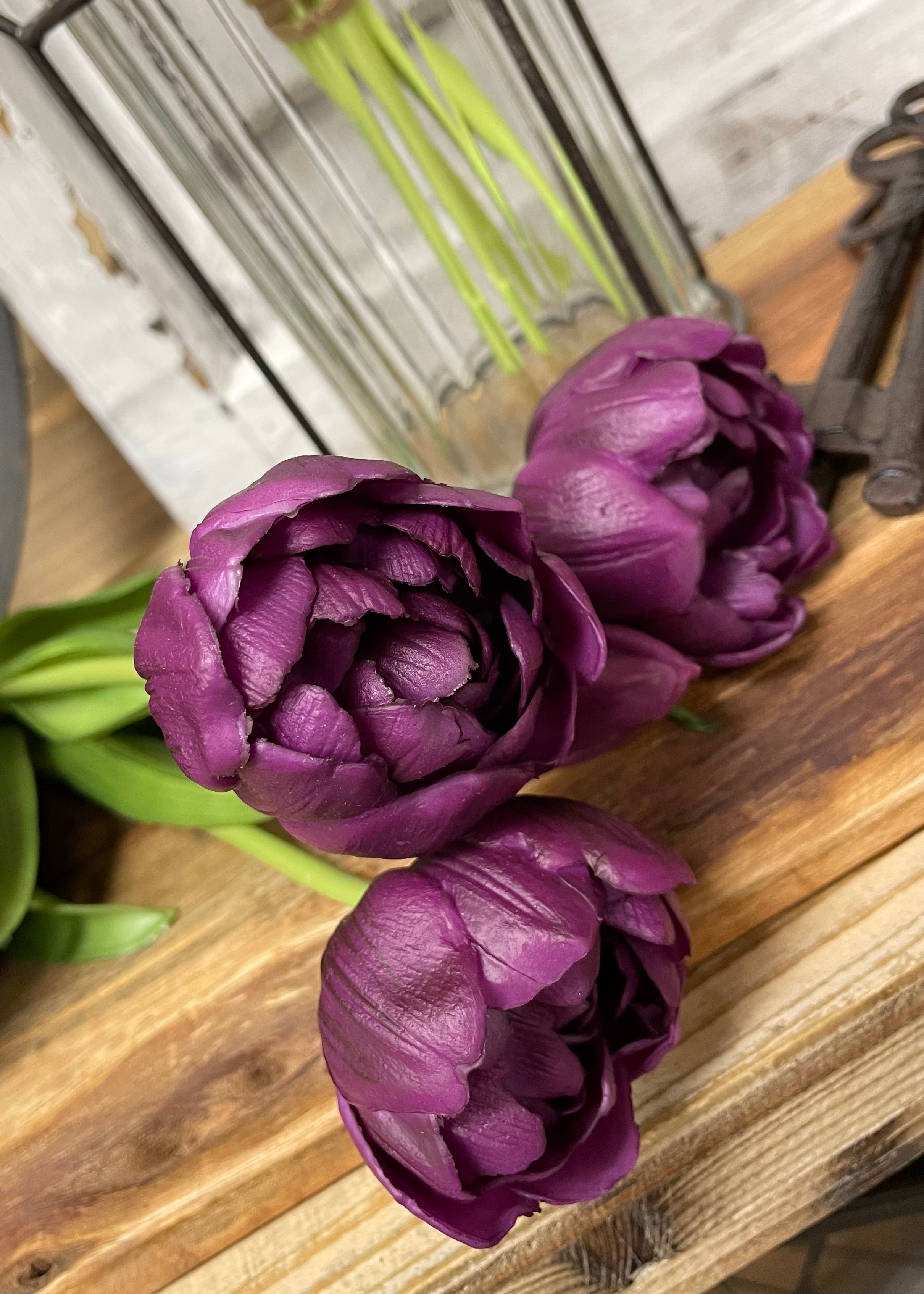 ITEM 10183 PUR - 18" FRESH TOUCH PURPLE DOUBLE PEONY TULIP BUNDLE (3 FLOWERS AND 2 BUDS TO A BUNDLE)