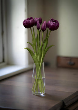 ITEM 10183 PUR - 18" FRESH TOUCH PURPLE DOUBLE PEONY TULIP BUNDLE (3 FLOWERS AND 2 BUDS TO A BUNDLE)