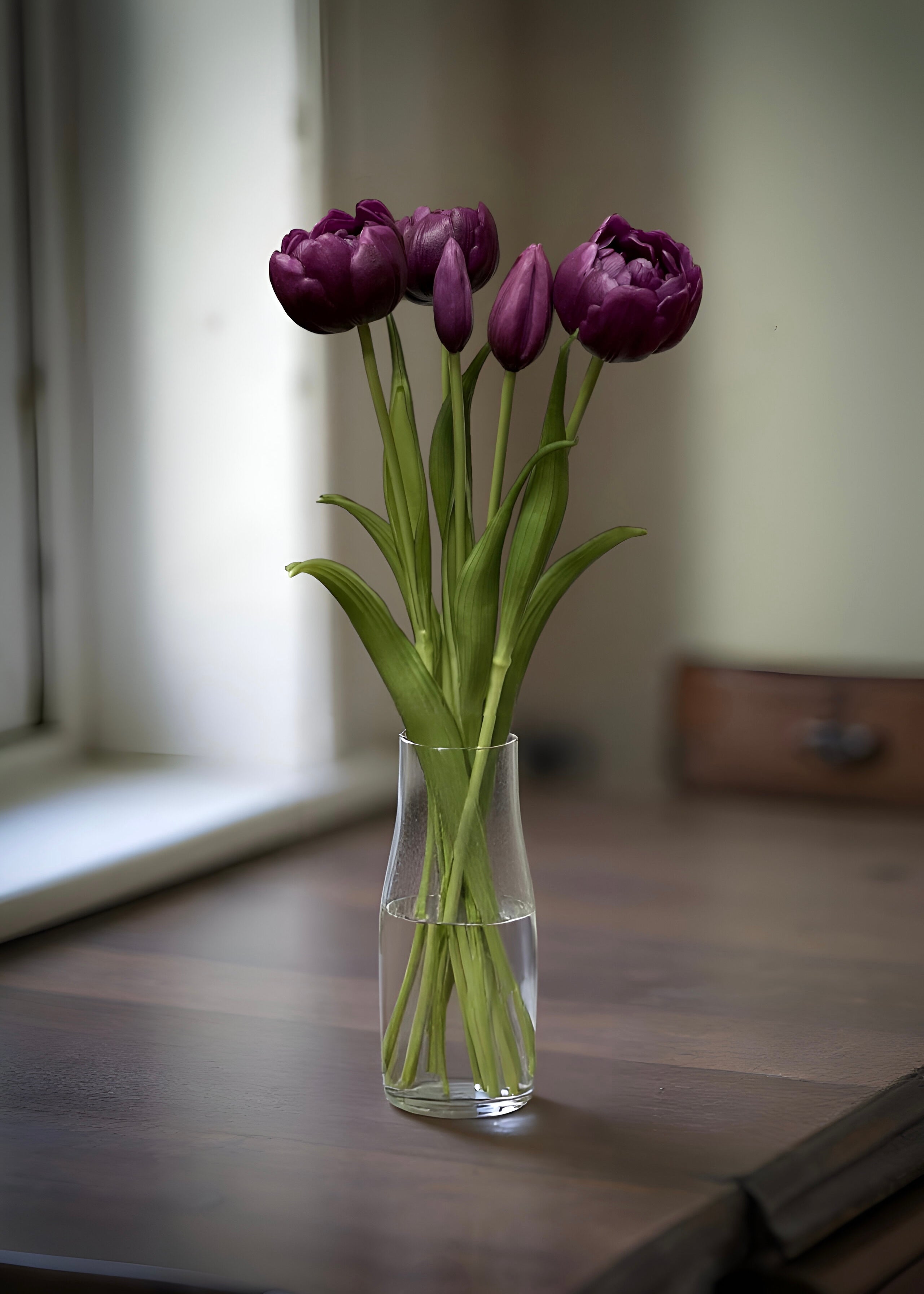 ITEM 10183 PUR(AUGUST) - 18" FRESH TOUCH PURPLE DOUBLE PEONY TULIP BUNDLE (3 FLOWERS AND 2 BUDS TO A BUNDLE)
