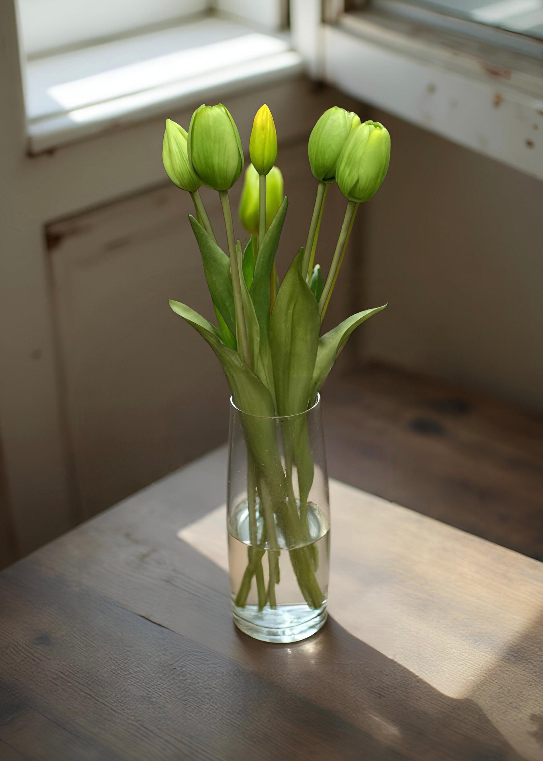ITEM 10186 GR - 16" FRESH TOUCH DYNASTY GREEN TULIP BUNDLE (3 FLOWERS & 2 BUDS TO A BUNDLE)