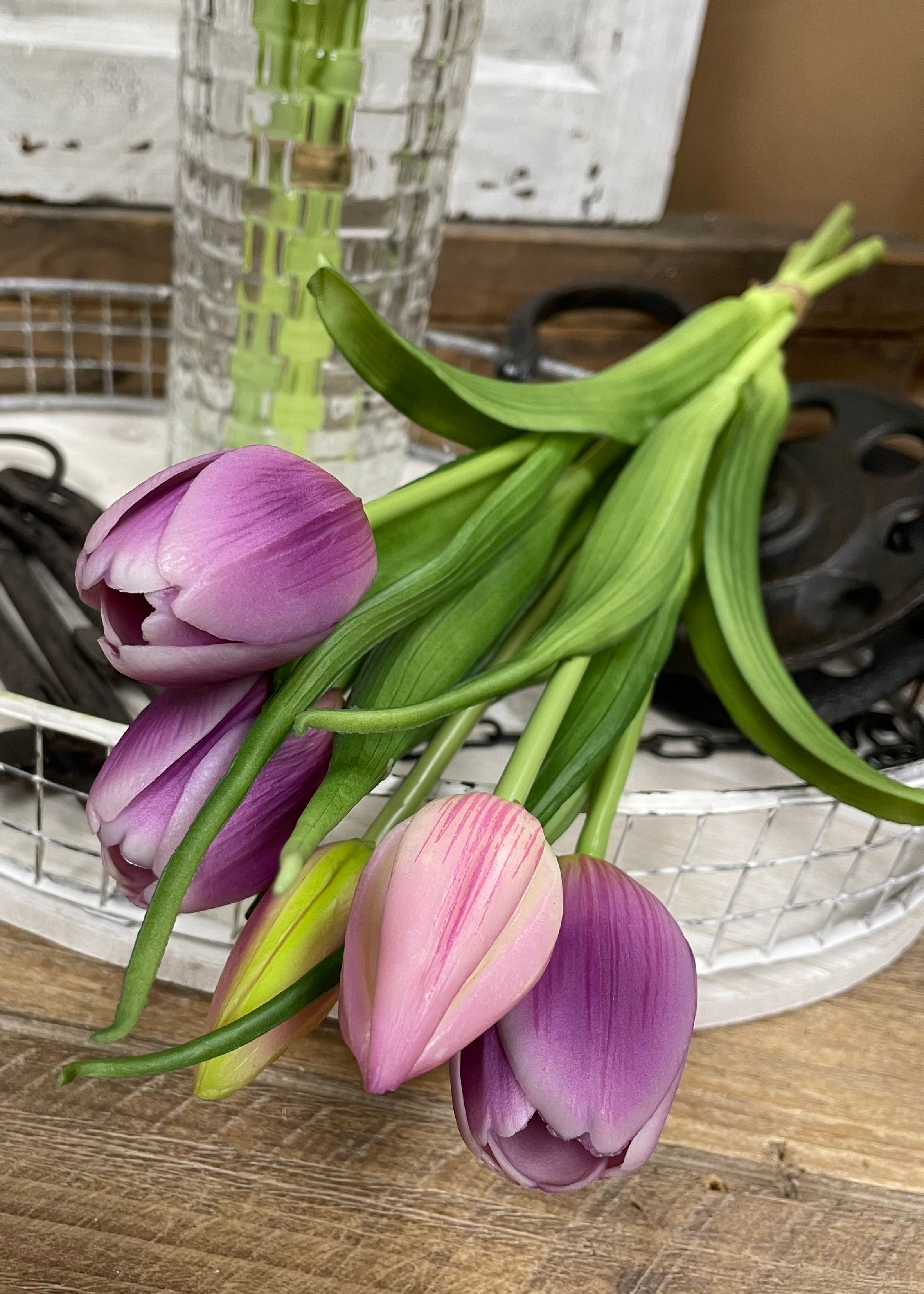 ITEM 10186 LVW - 16" FRESH TOUCH DYNASTY LAVENDER WHITE TULIP BUNDLE (3 FLOWERS & 2 BUDS TO A BUNDLE)