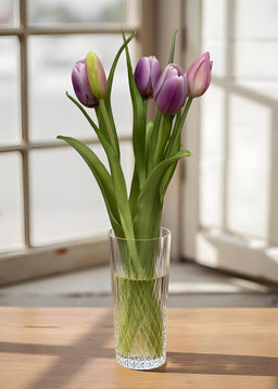 ITEM 10186 LVW - 16" FRESH TOUCH DYNASTY LAVENDER WHITE TULIP BUNDLE (3 FLOWERS & 2 BUDS TO A BUNDLE)