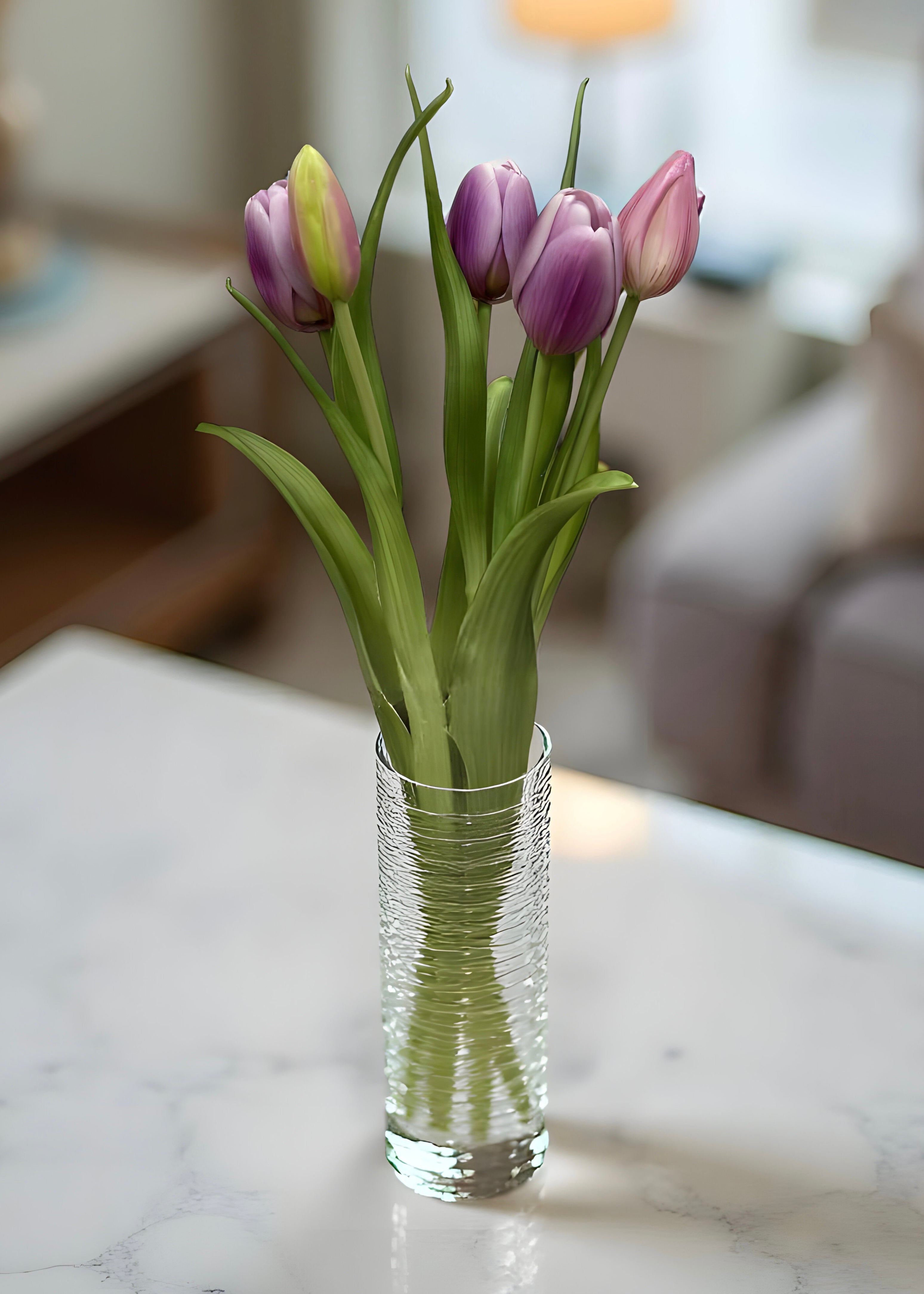 ITEM 10186 LVW - 16" FRESH TOUCH DYNASTY LAVENDER WHITE TULIP BUNDLE (3 FLOWERS & 2 BUDS TO A BUNDLE)