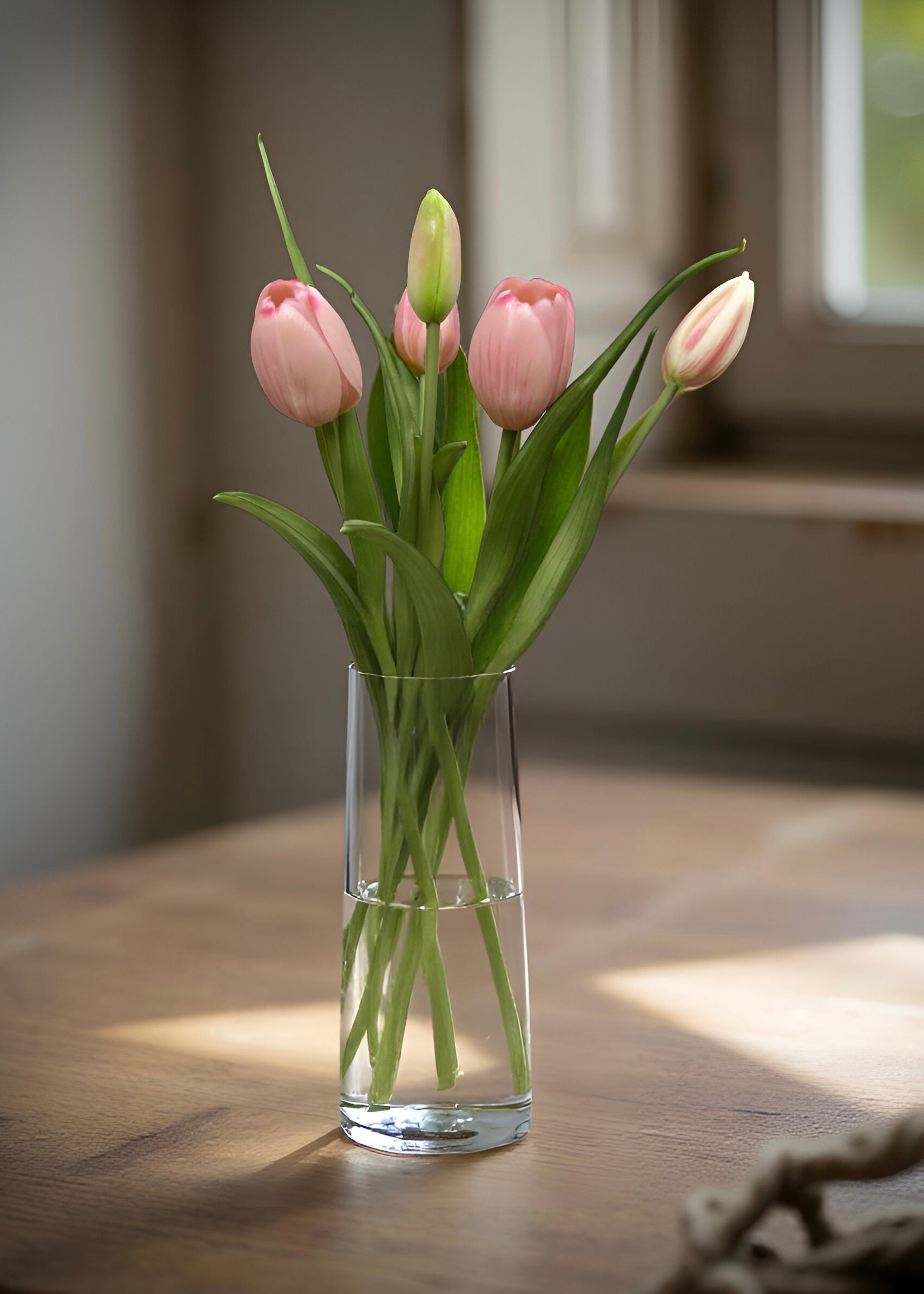 ITEM 10186 PK(AUGUST) - 16" FRESH TOUCH DYNASTY PINK TULIP BUNDLE (3 FLOWERS & 2 BUDS TO A BUNDLE)