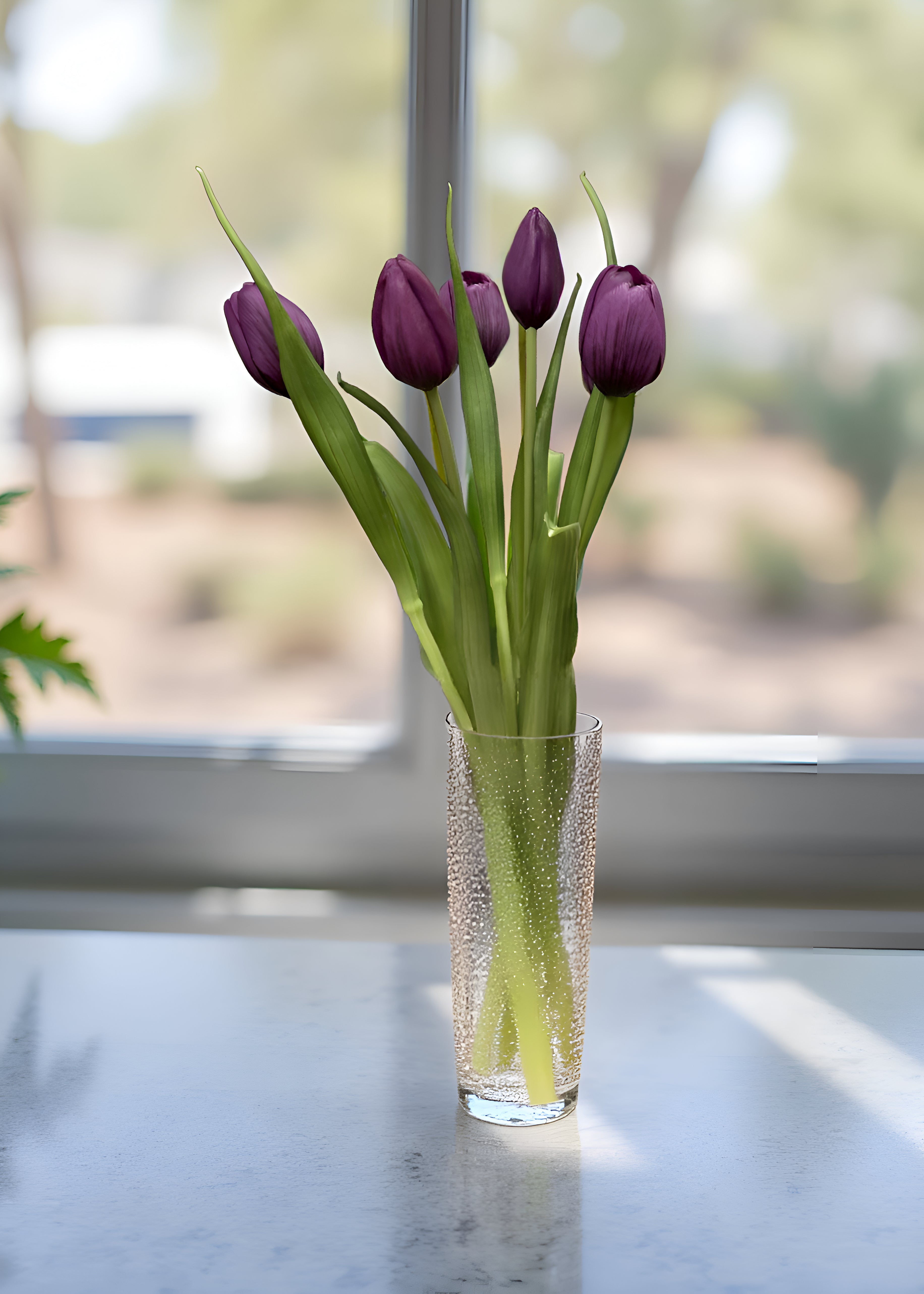 ITEM 10186 PUR - 16" FRESH TOUCH DYNASTY PURPLE TULIP BUNDLE (3 FLOWERS & 2 BUDS TO A BUNDLE)