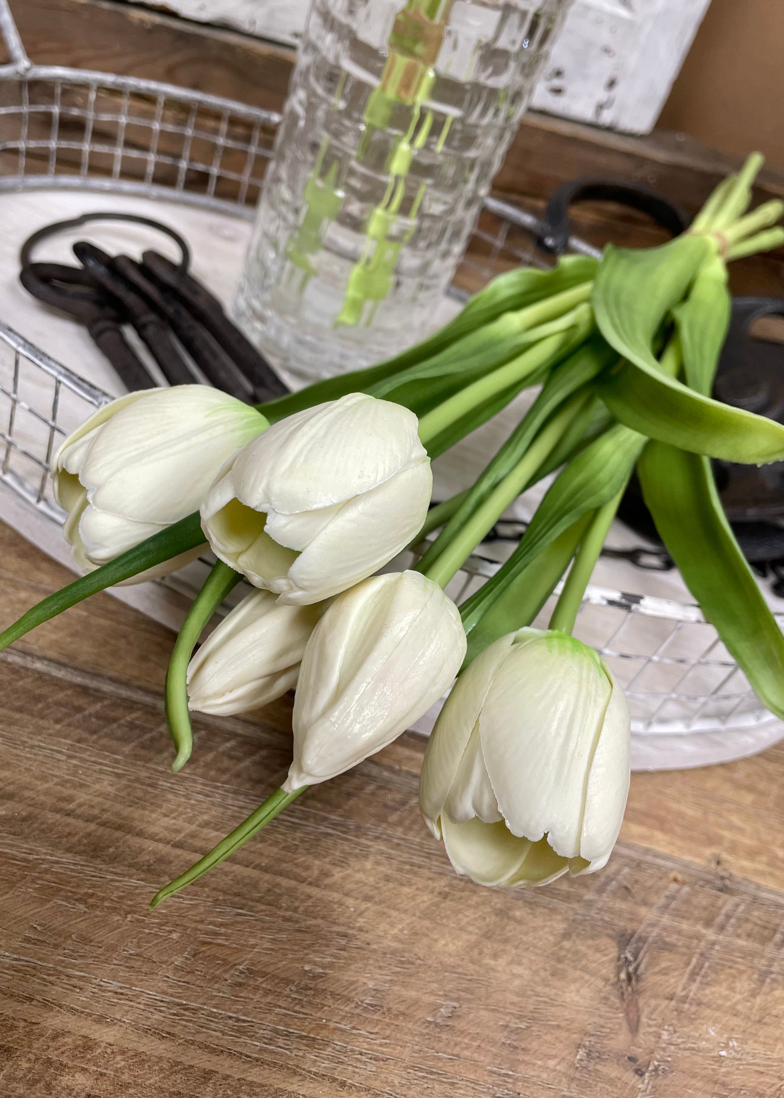 ITEM 10186 W - 16" FRESH TOUCH DYNASTY WHITE TULIP BUNDLE (3 FLOWERS & 2 BUDS TO A BUNDLE)