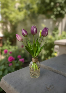 ITEM 10187 LVW - 10" FRESH TOUCH MINI WILD LAVENDER WHITE TULIP BUNDLE (3 FLOWERS & 2 BUDS TO A BUNDLE)