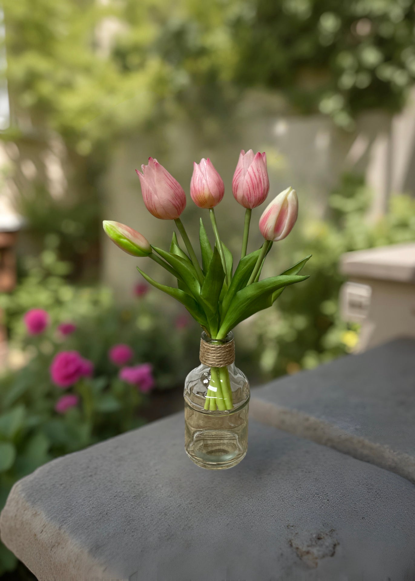 ITEM 10187 PK - 10" FRESH TOUCH MINI WILD PINK TULIP BUNDLE (3 FLOWERS & 2 BUDS TO A BUNDLE)