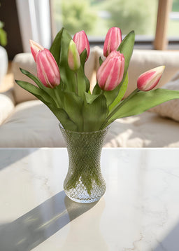 ITEM 10194 COTTON(AUGUST) - 12" FRESH TOUCH COTTON CANDY PINK FORMOSA TULIP BUNDLE (4 FLOWERS & 3 BUDS TO A BUNDLE)