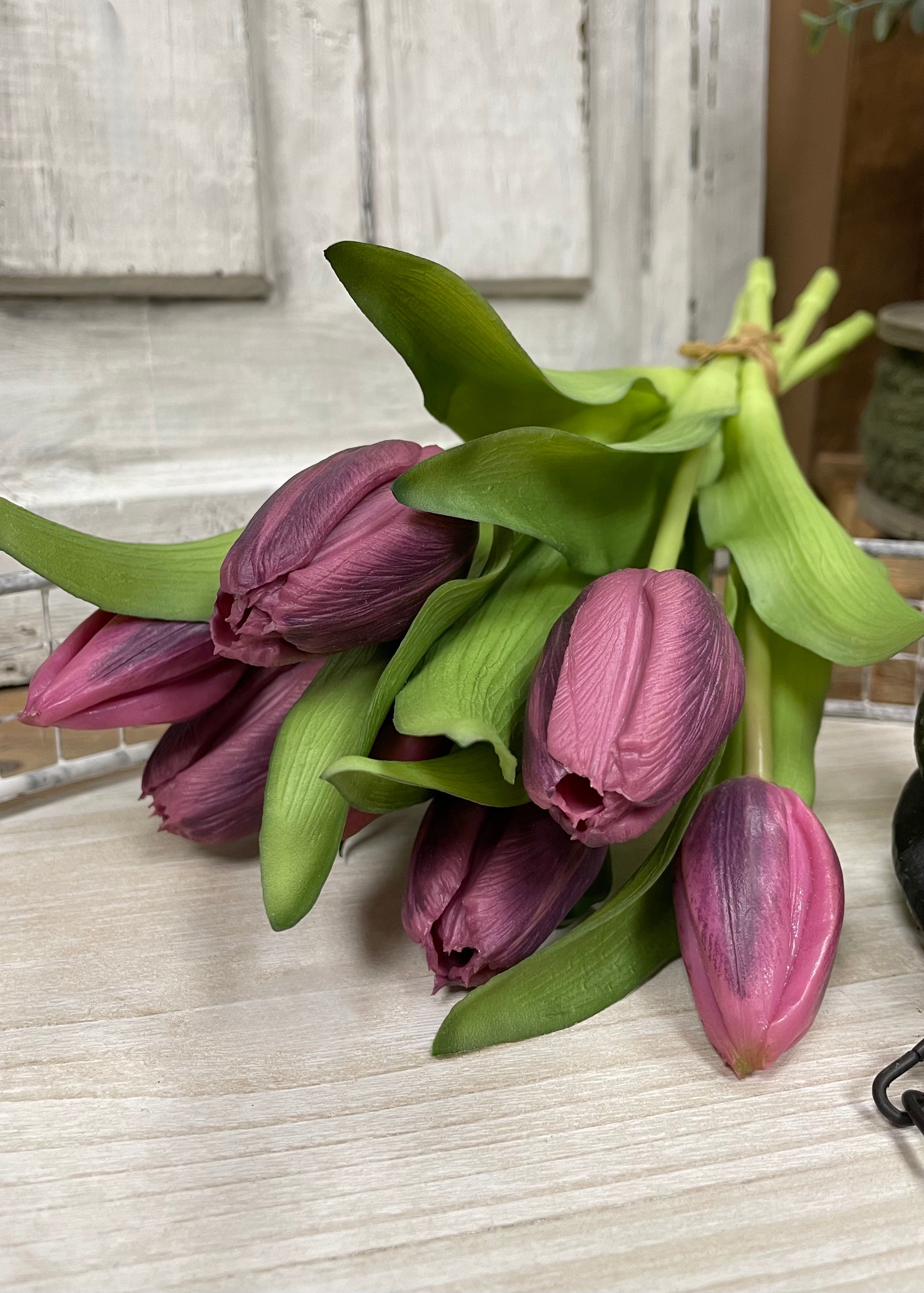 ITEM 10194 DKPLUM - 12" FRESH TOUCH DARK PLUM FORMOSA TULIP BUNDLE (4 FLOWERS & 3 BUDS TO A BUNDLE)