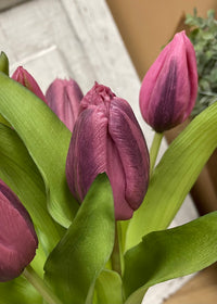 ITEM 10194 DKPLUM - 12" FRESH TOUCH DARK PLUM FORMOSA TULIP BUNDLE (4 FLOWERS & 3 BUDS TO A BUNDLE)