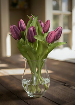 ITEM 10194 DKPLUM - 12" FRESH TOUCH DARK PLUM FORMOSA TULIP BUNDLE (4 FLOWERS & 3 BUDS TO A BUNDLE)