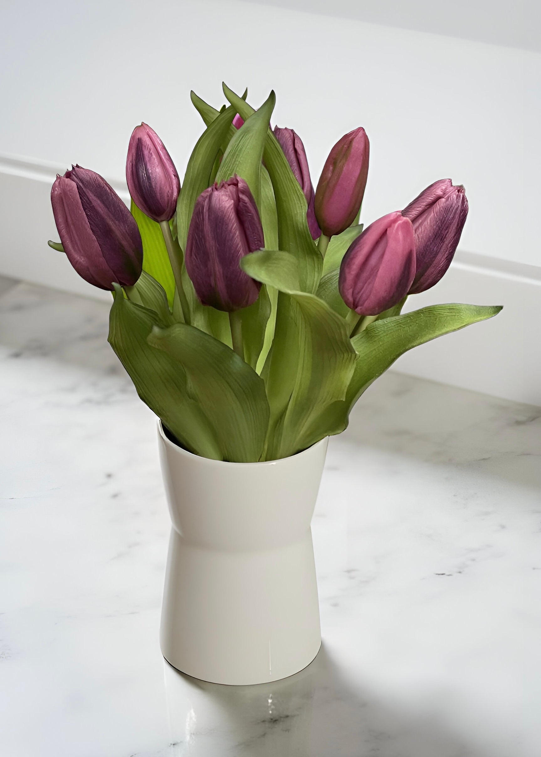 ITEM 10194 DKPLUM - 12" FRESH TOUCH DARK PLUM FORMOSA TULIP BUNDLE (4 FLOWERS & 3 BUDS TO A BUNDLE)