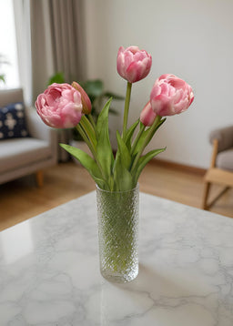 ITEM 10195 COTTON(AVAILABLE) - 15" FRESH TOUCH COTTON CANDY PINK AVANT GARDE PEONY TULIP BUNDLE (3 FLOWERS & 2 BUDS TO A BUNDLE)