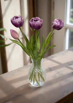 ITEM 10195 LVW - 15" FRESH TOUCH LAVENDER WHITE AVANT GARDE PEONY TULIP BUNDLE (3 FLOWERS & 2 BUDS TO A BUNDLE)