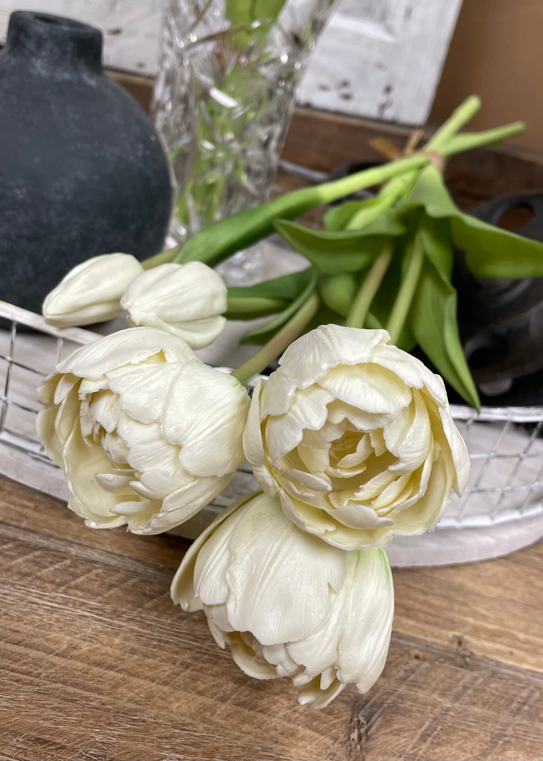 ITEM 10195 W - 15" FRESH TOUCH WHITE AVANT GARDE PEONY TULIP BUNDLE (3 FLOWERS & 2 BUDS TO A BUNDLE)