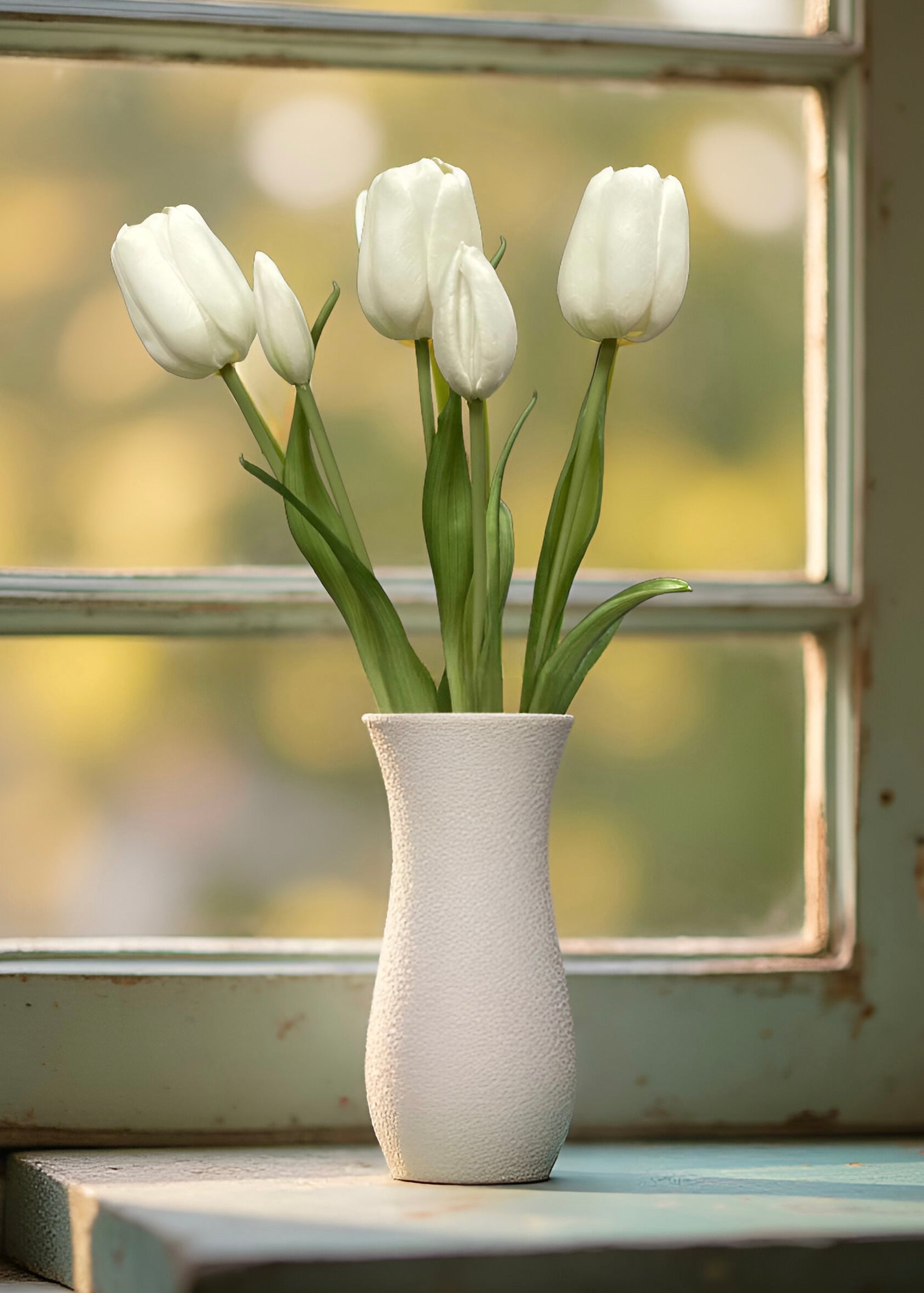 ITEM 10196 W(AVAILABLE) - 18" FRESH TOUCH WHITE DAY DREAM TULIP BUNDLE (3 FLOWERS & 2 BUDS TO A BUNDLE)