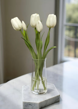 ITEM 10196 W(AVAILABLE) - 18" FRESH TOUCH WHITE DAY DREAM TULIP BUNDLE (3 FLOWERS & 2 BUDS TO A BUNDLE)