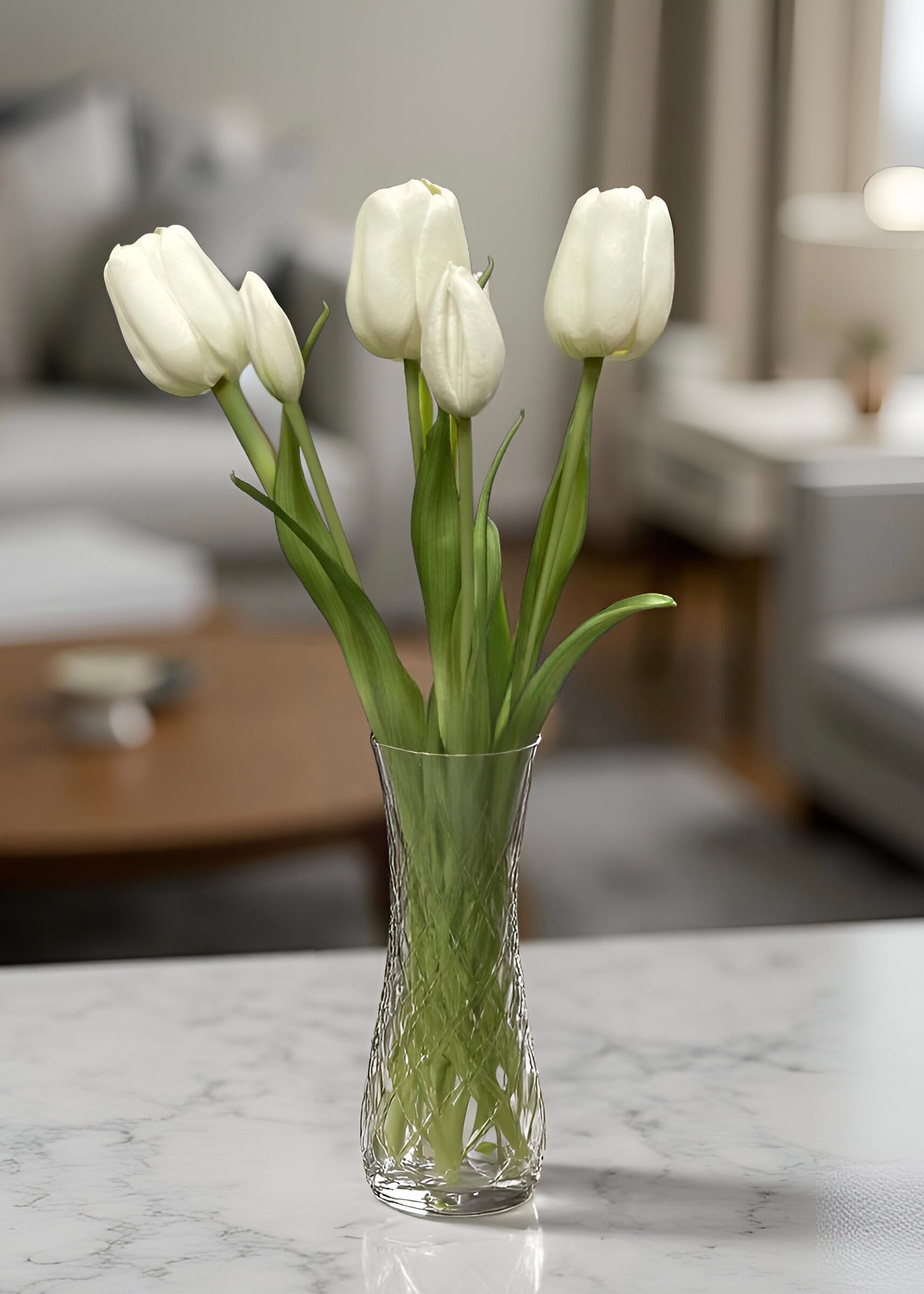 ITEM 10196 W - 18" FRESH TOUCH WHITE DAY DREAM TULIP BUNDLE (3 FLOWERS & 2 BUDS TO A BUNDLE)