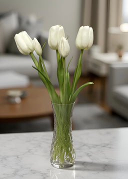 ITEM 10196 W - 18" FRESH TOUCH WHITE DAY DREAM TULIP BUNDLE (3 FLOWERS & 2 BUDS TO A BUNDLE)