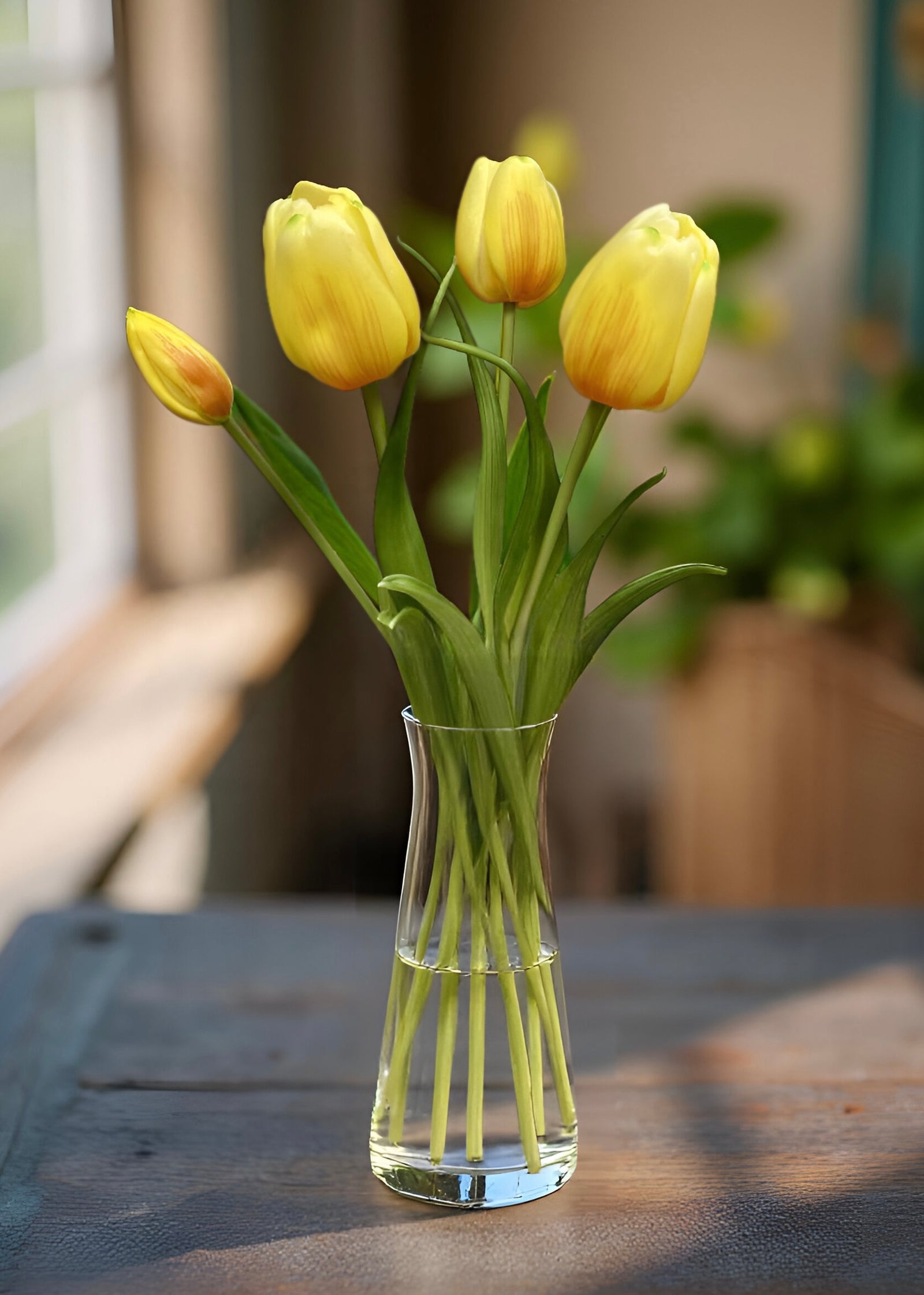 ITEM 10196 Y(AVAILABLE) - 18" FRESH TOUCH YELLOW DAY DREAM TULIP BUNDLE (3 FLOWERS & 2 BUDS TO A BUNDLE)