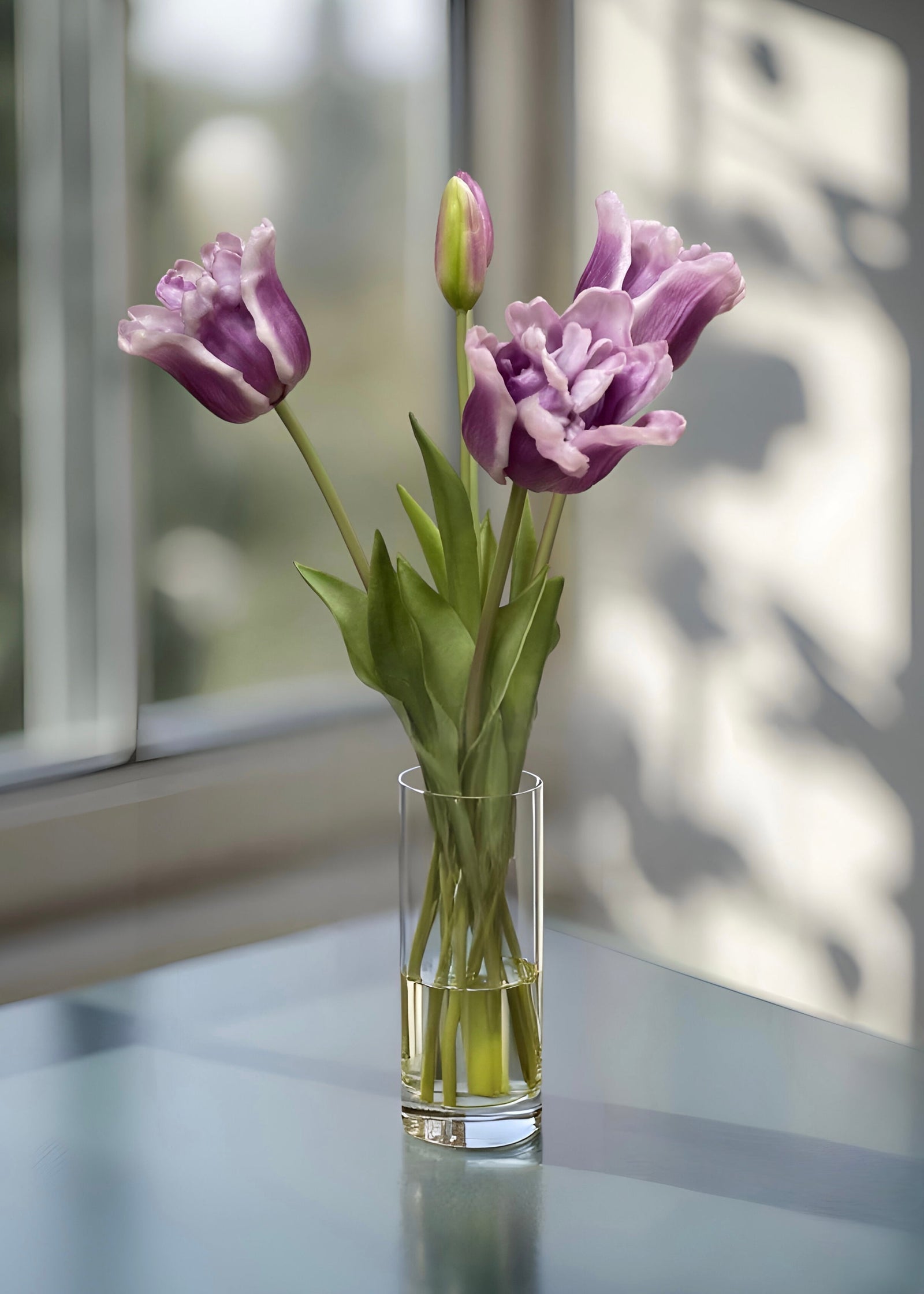 ITEM 10198 LVW - 18" FRESH TOUCH RUFFLED LAVENDER WHITE PARROT TULIP BUNDLE (3 FLOWERS & 2 BUDS TO A BUNDLE)