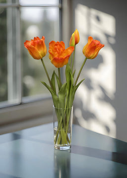 ITEM 10198 O - 18" FRESH TOUCH RUFFLED ORANGE PARROT TULIP BUNDLE (3 FLOWERS & 2 BUDS TO A BUNDLE)