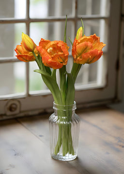ITEM 10199 O - 16" FRESH TOUCH ORANGE/GREEN TULIPA PARROT TULIP BUNDLE (3 FLOWERS & 2 BUDS TO A BUNDLE)