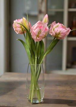 ITEM 10199 PK - 16" FRESH TOUCH PINK/GREENYEL TULIPA PARROT TULIP BUNDLE (3 FLOWERS & 2 BUDS TO A BUNDLE)