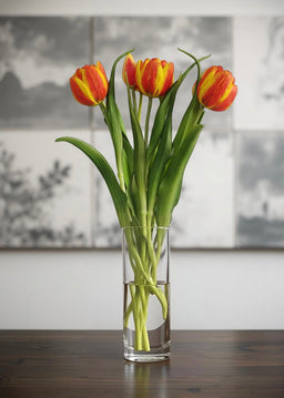 ITEM 10200 O - 16.5" FRESH TOUCH ORANGE/YELLOW DOUBLE LATE TULIP BUNDLE (3 FLOWERS & 2 BUDS TO A BUNDLE)