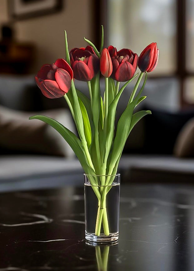 ITEM 10200 RED - 16.5" FRESH TOUCH RED DOUBLE LATE TULIP BUNDLE (3 FLOWERS & 2 BUDS TO A BUNDLE)