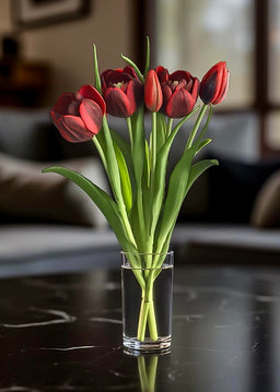 ITEM 10200 RED - 16.5" FRESH TOUCH RED DOUBLE LATE TULIP BUNDLE (3 FLOWERS & 2 BUDS TO A BUNDLE)